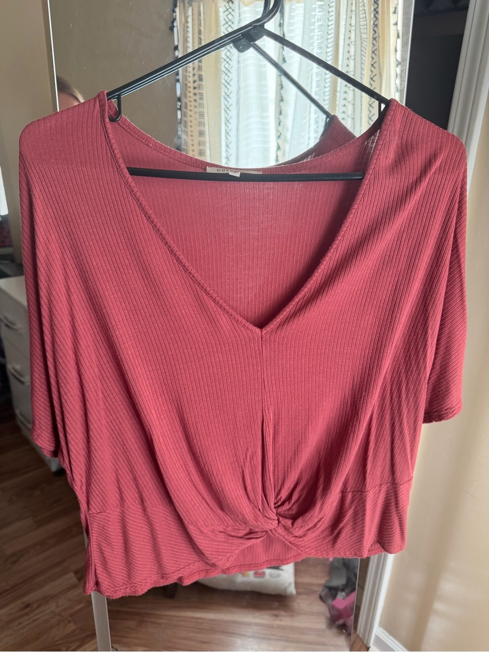 Cozy Casual Ribbed V-Neck Twist-Front Crop Top in Dusty Rose